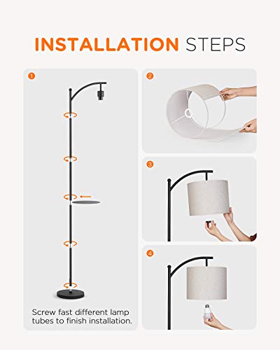 Tomons Floor Lamp, LED Standing Lamps with Remote Control and Adjustable Dimmable Bulb, Tall Industrial Arc Reading Light with Hanging Fabric Lampshade, Removable Shelf for Living Rooms, Bedrooms