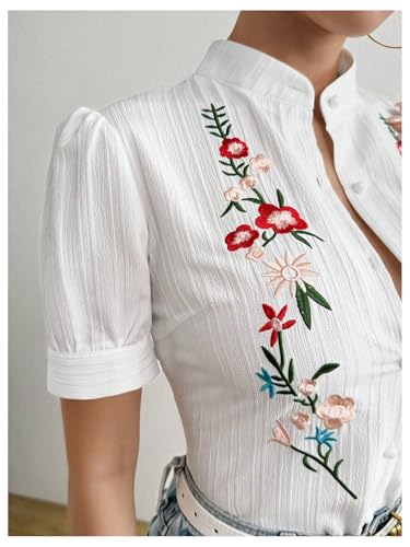 Floerns Women's Floral Embroidery Button Down Shirts Puff Sleeve Dressy Casual Blouse Top4