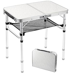 Anbte Table de Camping Pliante avec Rangement Net Table de Pique-Nique Portable de 3 Hauteur en Aluminium+MDF pour Intérieur/Extérieur Plage Camping Pique-Nique