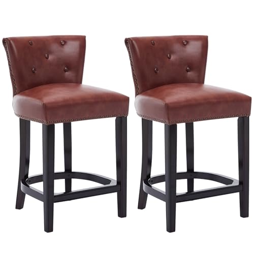 CozyRain Counter Height Barstool Set of 2, Genuine Leather Thickened Seat Barstools with Backs & Solid Wood Legs,for Kitchen Island, Dining Room (Brown Seat Cushion, Seat Height 26inch)