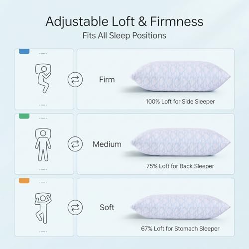 Adjustable Memory Foam Bed Pillows:Queen Size Shredded Foam Pillow Set of 2 for Sleeping with Removable & Washable Pillowcase for Back,Side & Stomach Sleeper-Medium Firm - 4