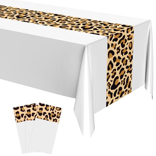 Image of Buryeah Leopard Print Tablecloth 54 x 108'' Leopard Plastic Table Cover Disposable Safari Animal Cheetah Print Party Decorations for Baby Shower Wedding Birthday Party Favors(White,3 Pcs)