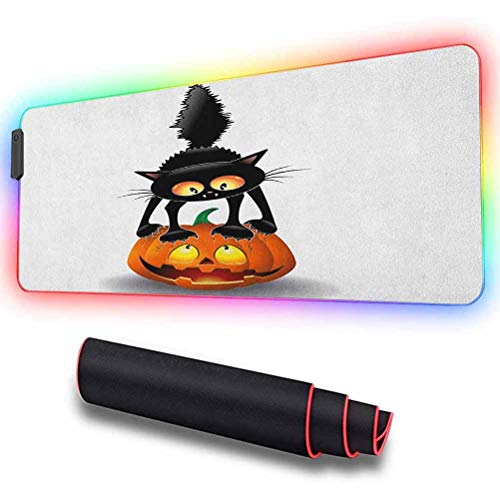 RGB Gaming Mouse Pad, Black Cat on Pumpkin Drawing Spoo, Large Cool RGB