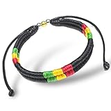 Rasta Plaided Hippie Bracelet - Friendship Black Rasta Cord Bracelet - Leather Cotton Braided Bob Marley Wristband (Black Rasta - 01)