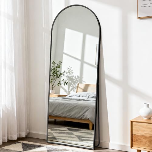 DUMOS Arched Full Length Mirror with Stand Floor Standing Aluminum Frame for Bedroom Body Hanging Leaning Modern Simple Home Decor Shatter-Proorf Nano Glass Wall Living Room Cloakroom Black 56"x15"