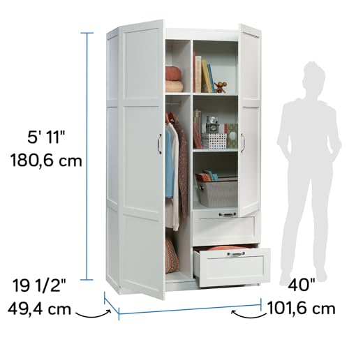 Image of Sauder Select Multipurpose Bedroom Armoire Wardrobe Closet Pantry Storage Cabinet with Storage Drawers and Hanging Rail, in Soft White finish