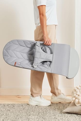 Image of BabyBjorn Bouncer Bliss, Light Gray, Woven, Petal Quilt | 2-in-1 Adjustable Baby Bouncer Seat and Toddler Chair, Newborn to Toddler (8-29 lbs), 4 Positions, Lightweight & Portable