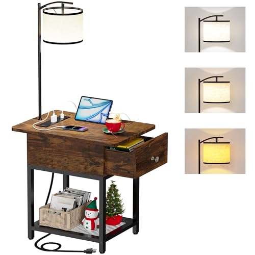 Image of runjuly Floor Lamp with Table, Side Table with Lamp Attached, Narrow End Table with LED Lights and Charging Station, Nightstand with Wood Drawer for Living Room, Bedroom, Rustic Brown