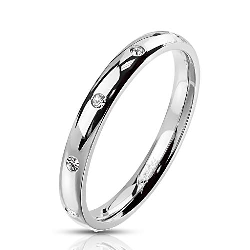 TATA GISELE © Bague Femme en Acier Inoxydable Argenté - Anneau Incrusté d'Oxydes de Zirconium - Largeur 3 mm (54)