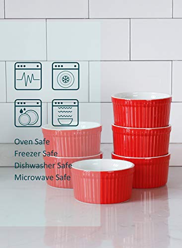 Teocera Porcelain Ramekins, Souffle Dishes - 8 oz for Souffle, Creme Brulee and Pudding - Set of 6, Red