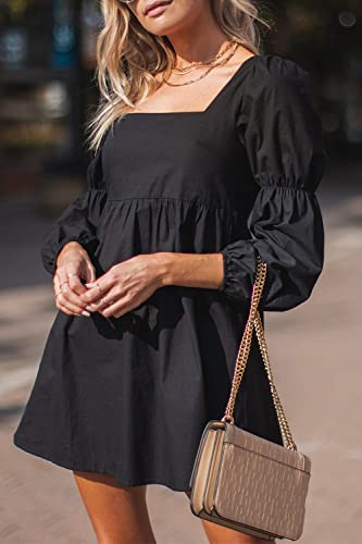 Prettygarden Women's Fall Long Puff Sleeve Babydoll Dress Casual Square Neck Elastic Waist Ruffle A Line Mini Dresses (Black,2X-Large) #TOP1