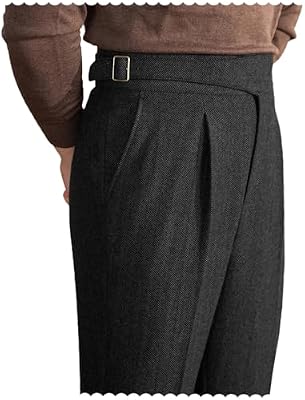 Men Trousers Vintage Tweed Blend Pants Herringbone Slim Fit Pleat-Front Pant Black38W×30L,New