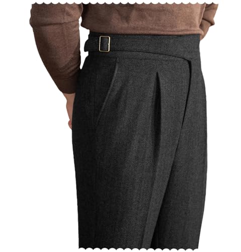 Men Trousers Vintage Tweed Blend Pants Herringbone Slim Fit Pleat-Front Pant Black32W×30L,New