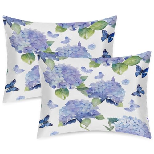 Mexpekil Purple Blue Hydrangea Butterfly 2 Pack Satin Pillowcase for Hair and Skin, Smooth Like Silk Pillowcases, Pillow Case Covers Standard Size 20x26 in for Bedroom