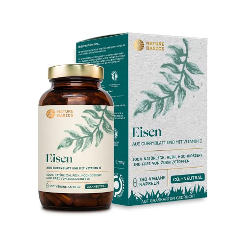 Nature Basics® natürliches Eisen zertifiziert & nachhaltig im Glas | 180 Kapseln hochdosiert | 14mg Eisen & 80mg Vitamin C pro Kapsel | rein aus Curryblatt & Hagebutte | ohne Zusatzstoffe & aus DE Cover