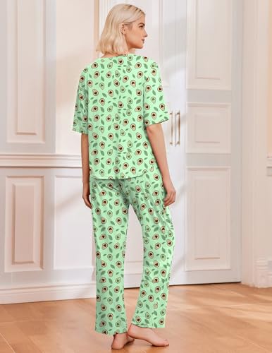Image of Ekouaer 2 Pack Womens Pajamas Sets Short Sleeve Long Pants Pjs Lounge Set