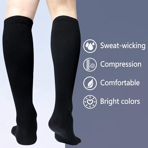 Image of +MD Cotton Compression Socks for Women & Men 4 /6 Pairs 15-20mmHg Knee High for Sports, Travel, Nursing Long Sitting Standing