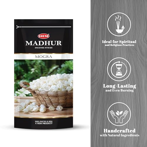 Image of Hem Madhur Mogra Incense Sticks - Pack of 3 | Premium Agarbatti in Resealable Zip Pouch for Puja, Meditation & Home Freshness | Soothing Floral Aroma | Burns 35-40 Min | Approx. 300 Sticks