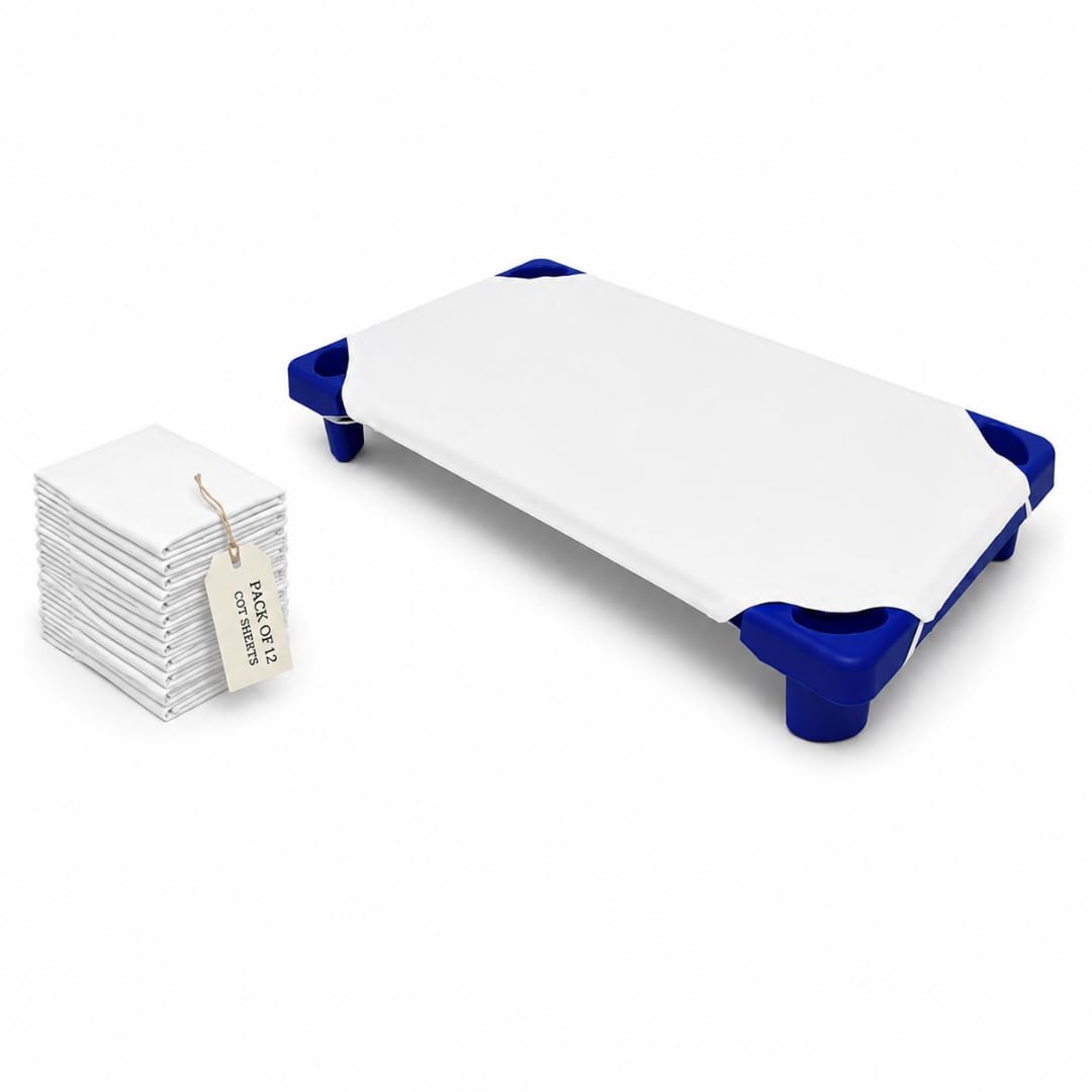 Cot Sheets for Toddler and Preschool - Daycare/Pre-School Cot Sheet - Corner Elastic Loops - Cot Bed Fitted Sheet - Poly Cotton Surface Pack of 12 (22" X 40) - Daycare Sheets 22 X 40 Inch White