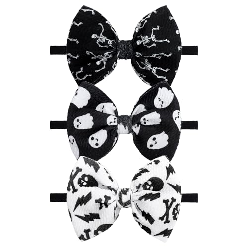 YanJie Halloween Baby Girl Headbands - Pumpkin & Ghost Printed Bows, Nylon, Toddler & Newborn Sizes