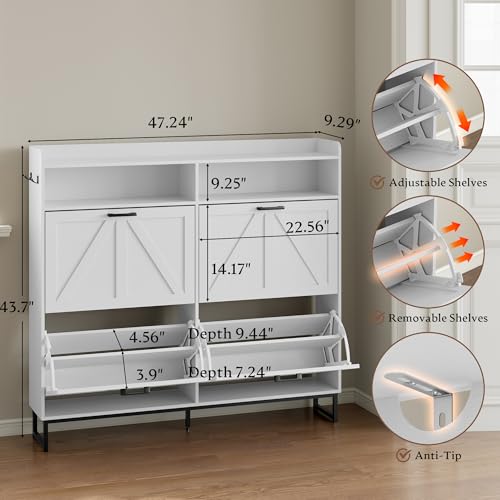 Image of BORNOON Shoe Cabinet with 4 Flip Drawers Narrow Shoe Storage Cabinet Organizer Wooden Freestanding Shoe Rack Hidden Slim Shoes Storage Cabinet for Entryway, Hallway, Living Room, Bedroom