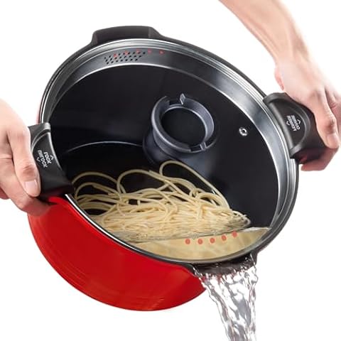 ACTIV CUISINE 8.5qt Pasta Pot with Strainer Lid, Cast Aluminum Stockpot Multipot, Nonstick Ceramic Coating make Cleanup easy with Tempered Glass Lid, Dishwasher Safe, Induction, Red Cover