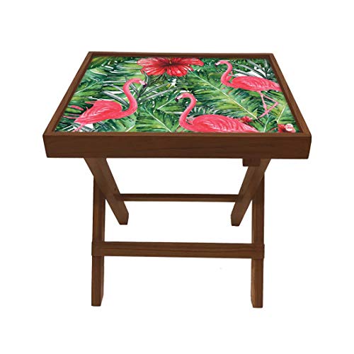 Image of Nutcase Designer Teak Wood Side Table Folding Wooden Bedside Coffee Outdoor Picnic Table - Tropical Flamingoes