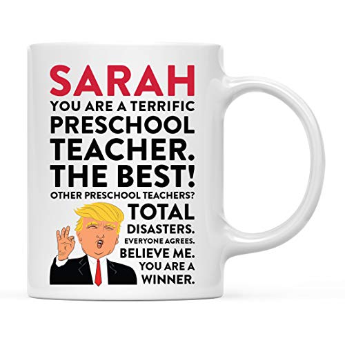 Andaz Press Personalized Funny President Donald Trump 11oz. Coffee Tea Mug Gift, You are a Terrific Preschool Teacher, 1-Pack, Custom Coworker Friend Him Her, Gift Box