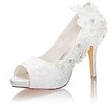  Emily Bridal Chaussures de mariée en dentelle à bout ouvert et fleurs Chaussures de mariée à talons hauts, ecru, 41 EU