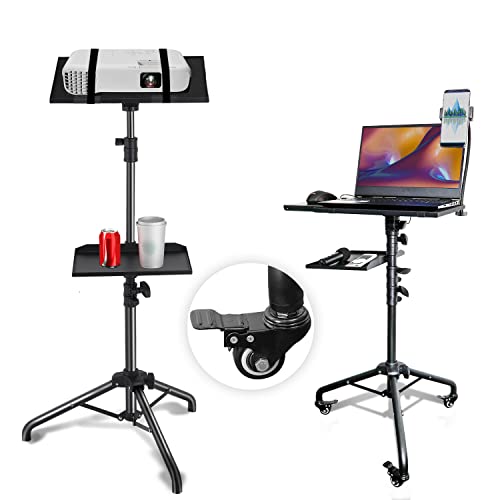 Projector Stand Tripod Adjustable Height, on Wheels, Projector Tripod with Mouse Tray, 2 Shelves, Outdoor Projector Stand for Backyard, Studio