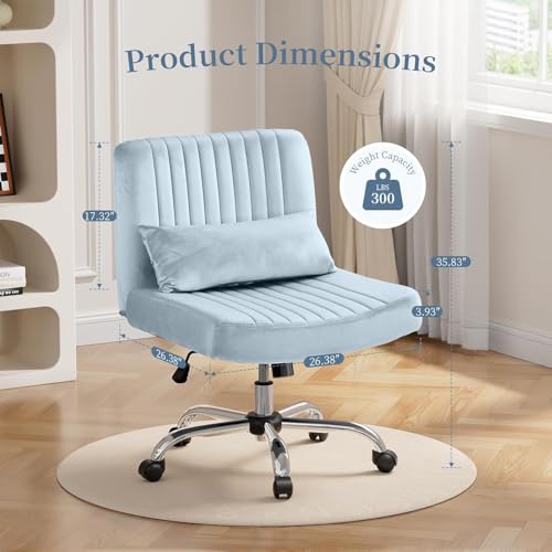 Image of Velvet Criss Cross Desk Chair with Wheels, Luxury Cross Legged Office Office, Swivel Wide Seat Vanity Chair, Armless Adjustable Height Gaming Chair Gift, Dusty (2, Light Blue)