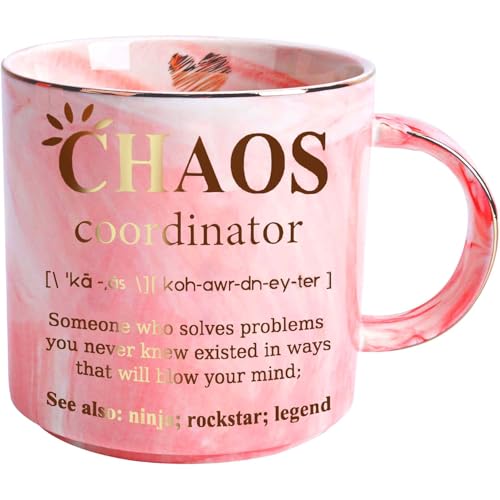 Tmvisai Thank You Gifts for Women - Chaos Coordinator 12 OZ Funny Pink Ceramic Marble Mug, Employee Appreciation Birthday Gifts for Women Coworkers Boss Teacher Nurse Friend