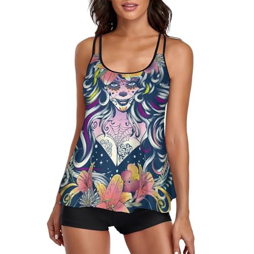 Tankini Femme avec Short de Garçon et Robe de Plage Imprimé Fleur