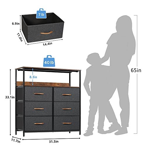Lyncohome Dresser For Bedroom 6 Drawer Dresser With Shelves Fabric Dresser For Kids Room, Closet, Living Room Tv Stand Office Sturdy Steel Frame Wooden Top, Removable Fabric Drawers(Charcoal) #TOP2