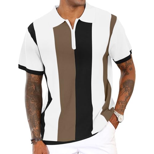 Men's Fashion Polo Shirts Vintage Striped Knitting Shirts Casual Slim Fit Golf Shirts Brown XL