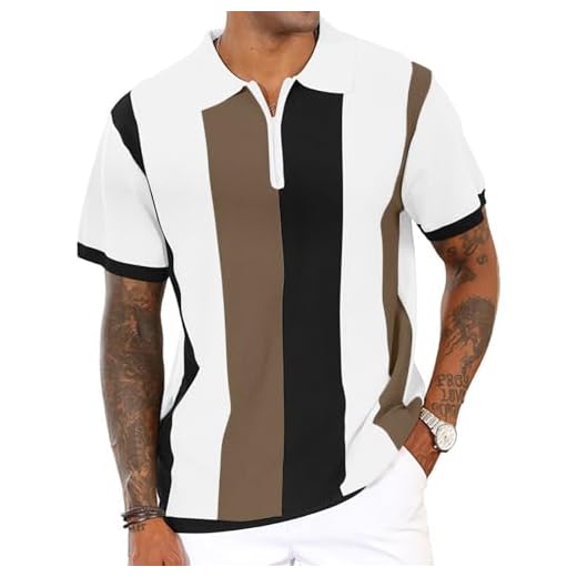 Camisa polo masculina vintage listrada de tricô casual slim fit camisas de golfe, Marrom, XGG