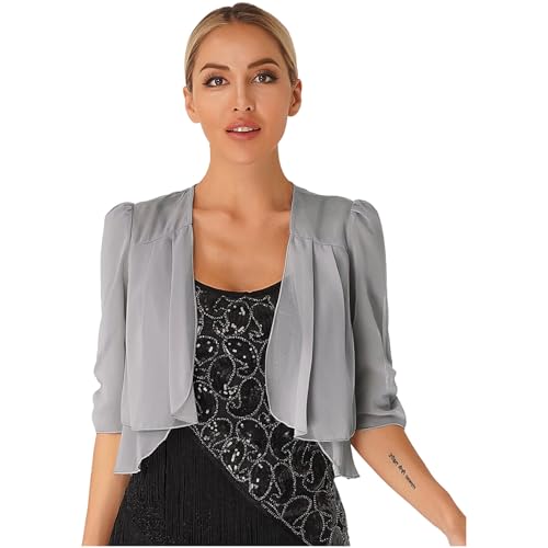 Sywiyi Mujer Gasa Bolero Festivo Chaqueta Corta Cárdigan Media Manga Hombro Abrir Chaqueta de Punto con Volantes Transparente Elegante para Boda Fiesta Vestido, gris, M
