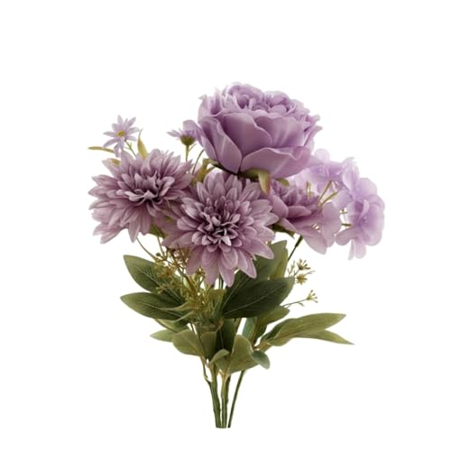 Image of Artificial Flower Bouquet - Purple Silk Roses, Peony & Mixed Flowers with Green Leaves | Realistic Faux Floral Arrangement for Home Decoration, Wedding, Party & Gift