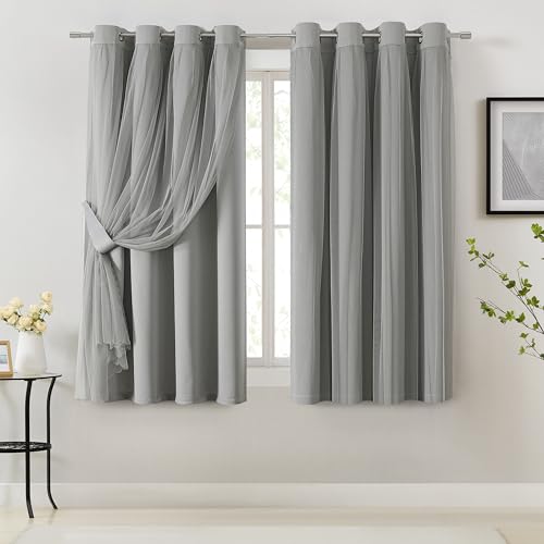Image of Bujasso Grey 90% Blackout Curtains with Sheer Overlay Mix and Match Double Layer Window Curtains Thermal Insulated 63 inch for Living Room Bedroom Gray Drapes with Tiebacks Grommet Top 54 inch Wx63 Lx2
