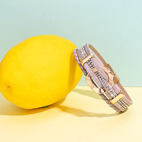 Fancy Shiny Leather Cuff Bracelet Circle Rhinestone Wrap Bracelet Stackable Multi Layer Wristband With Clasp Boho Jewelry Gift For Women(Purple) #TOP2