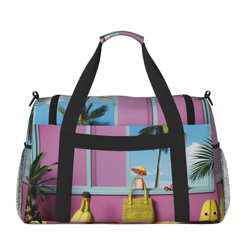 Monstera Deliciosa Banana Palm Print Travel Duffle Bag - Foldable Personal Item Travel Bag for Women & Men,13x10.2x19.72