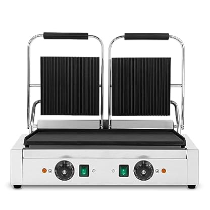 VERTES Kontaktgrill doppelt, Gusseisen Grillplatte oben gerillt/unten flach, 3600 W Gastro Multigrill für Fladenbrot, Fleisch, Gemüse, Sandwich, Edelstahlgehäuse, regelbar 0-300°C, teflonbeschichtet – Bild 6
