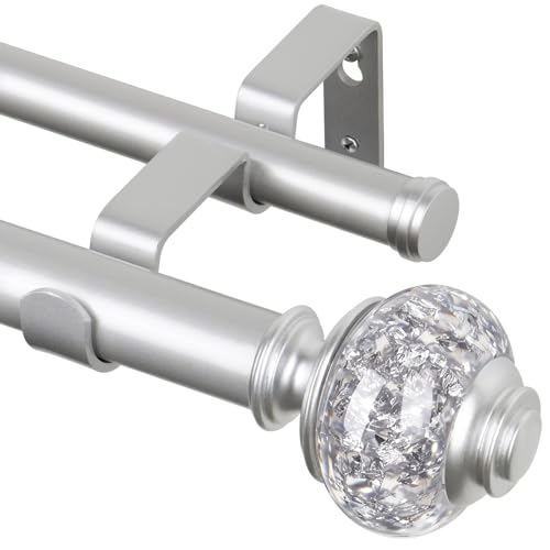 1 Inch Silver Double Curtain Rods for Windows 66 to 120 Inches(5.5-10ft), USFOOK Adjustable Heavy Duty Drapery Rods, Telescoping Dual Curtain Rod with Translucent Finials, Wall Mounted