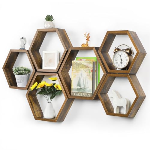 YBING Hexagon Shelves for Wall Wood Honeycomb Floating Shelves Set of 6 Farmhouse Hexagonal Decorative Storage Shelf MDF for Living Room Bedroom Brown