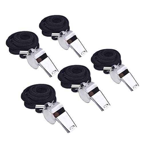 LIOOBO 5 peças de apitos de aço inoxidável para treinamento, apitos de metal com cordão para funcion