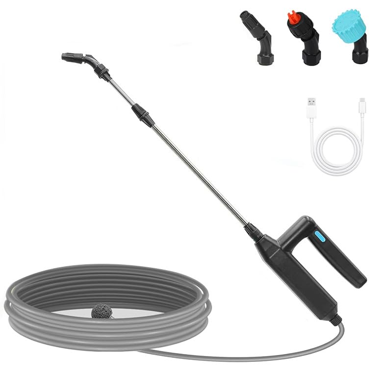 Battery Powered Sprayer Wand Electric Plant Sprayer Telescopic Watering Wand with 26.5FT Hose Rechargeable Electric Watering Sprayer Handle with 3 Adjustable Nozzles & Filter for Weed Lawn and Garden