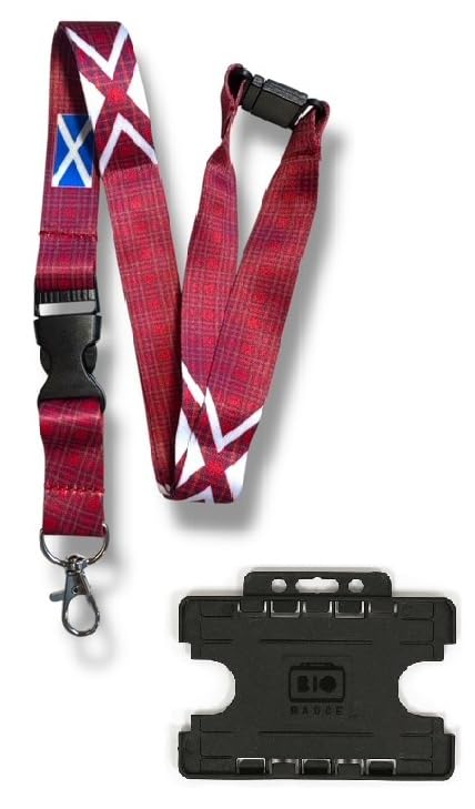 Scottish Tartan Pattern Lanyard with Double Black Horizontal ID Card Holder (5, Stewart Royal, Red)