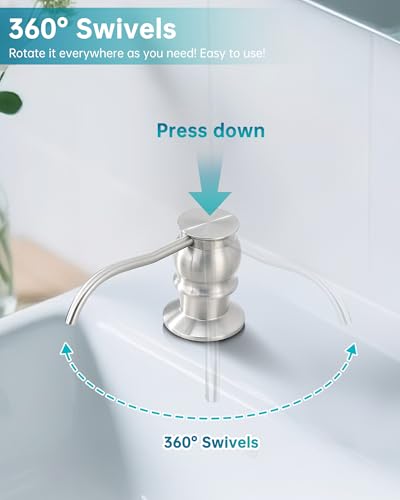 Image of Built in Deck Mount Liquid Lotion Kitchen Countertop Metal Soap Dispenser, Brushed Nickel Brass Dispenser Pump with 47.2 inch Silicone Long Tube for 0.79 inch- 1.38 inch High Capacity Bottle Mouths
