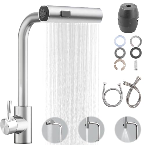 BAIFULAI Robinet de cuisine extensible avec douchette extractible, mitigeur d’évier extensible à levier unique, 3 modes, 1 trou pivotant 360°, haute pression cascade, brossé