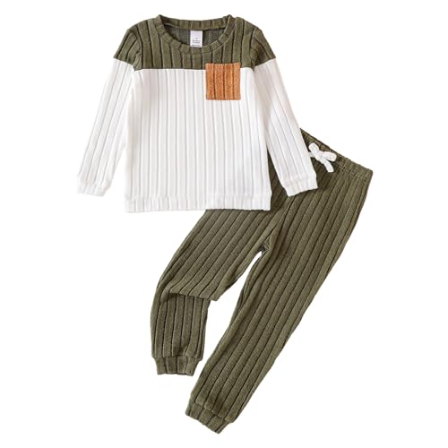ROMPERINBOX Toddler Boy Clothes Fall Winter Outfit Ribbed Color Block Long Sleeve Sweatshirt and Solid Pants 2Pcs Set 18M-5T